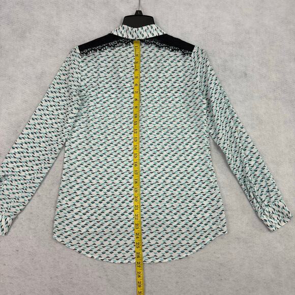 Candie’s XS Geometric Button Blouse Lace Shoulder Long Roll Tab Sleeve Top - Picture 5 of 13